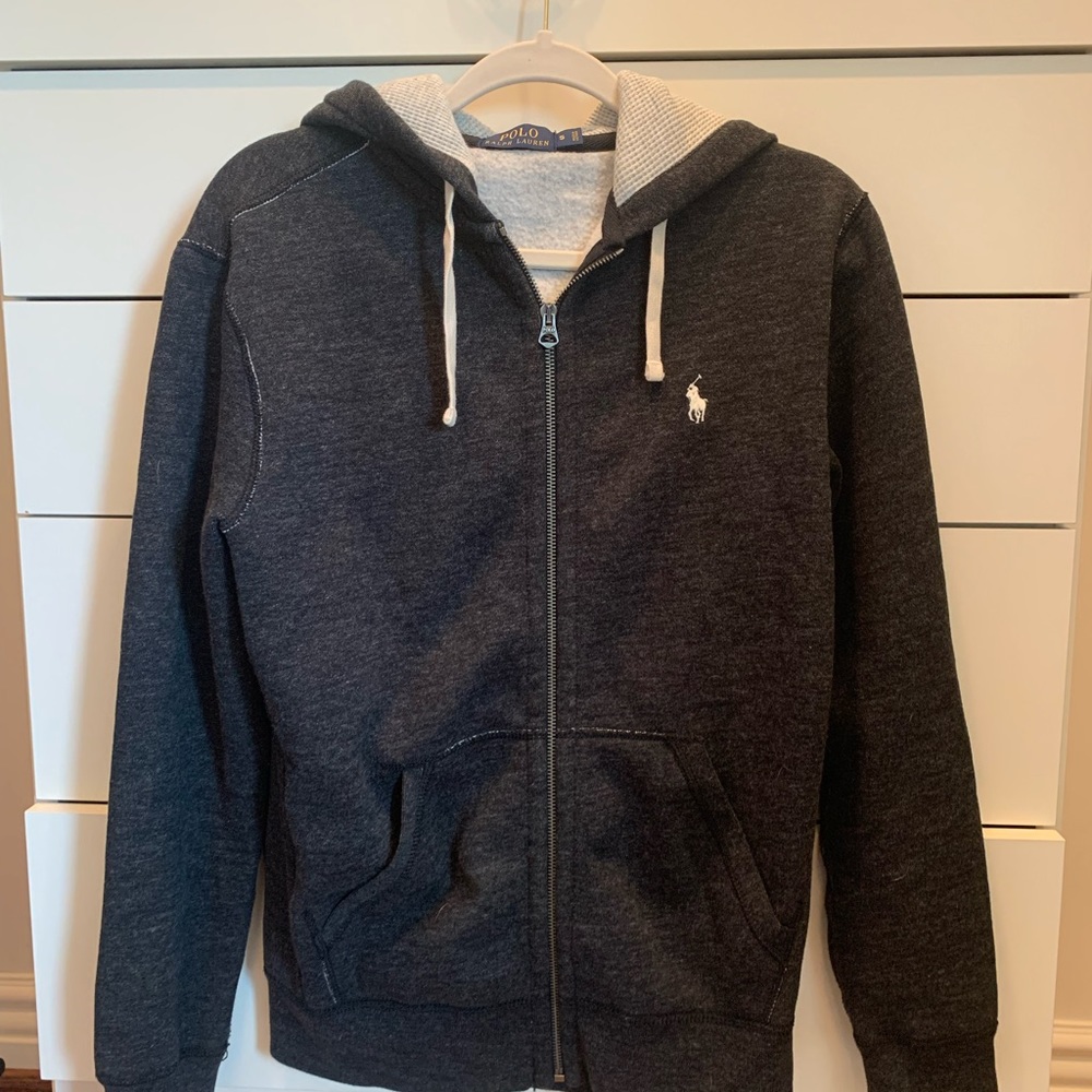 Fleece lined Ralph Lauren polo jacket with hoodie and drawstrings.